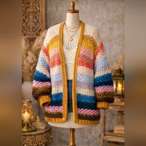 Anthropology X Mayflower Knitted Crochet Cardigan Light Rainbow Size OS NWT$250